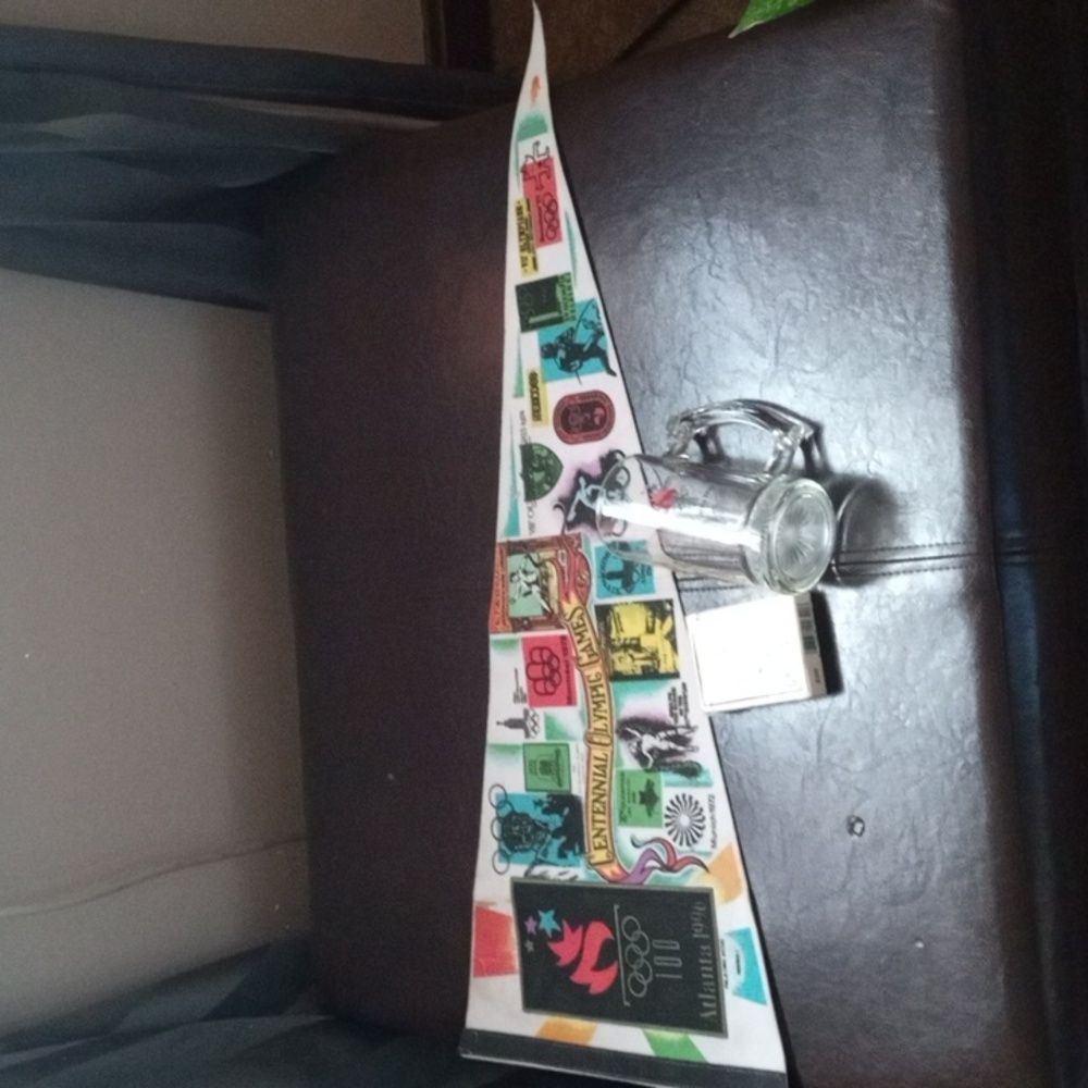 1996 Olympic games pennant, '.96 playing cards and a ' 96 Olympic glass mug